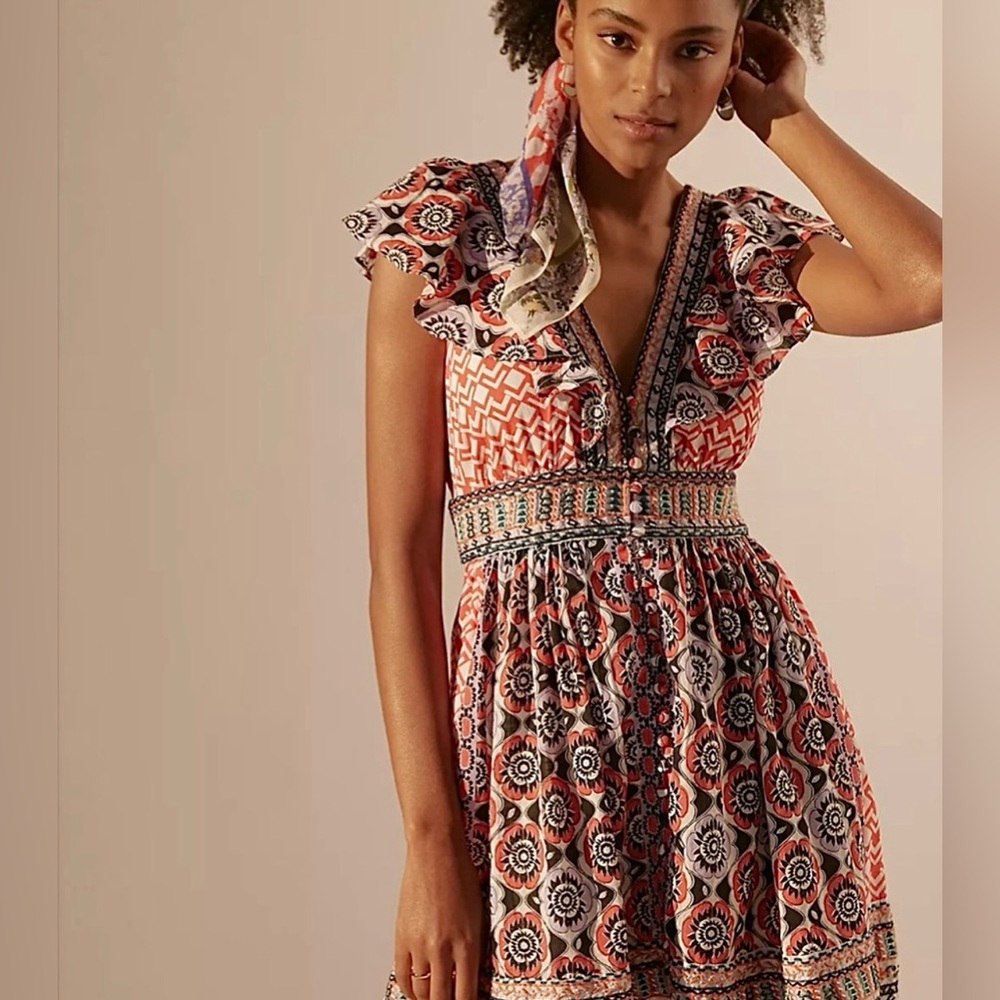 Anthropologie Beaded/Embroidered Multicolored Flutter Sleeve Dress Size 4
